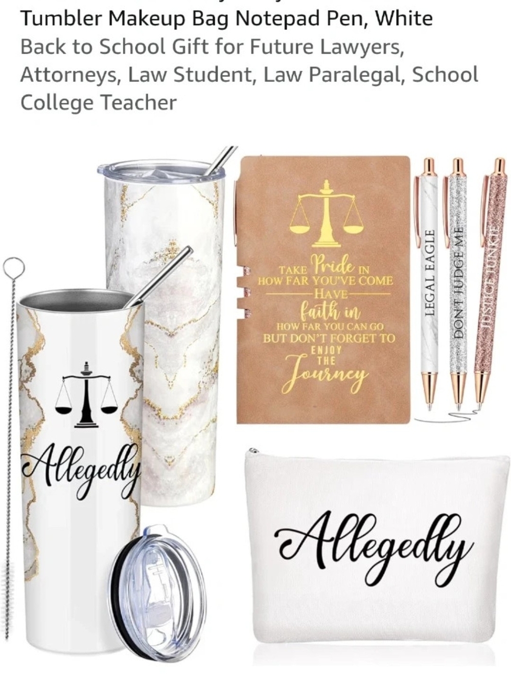 Amazon White Marble Tumbler and Law-Themed Accessory Set with Tan Notebook